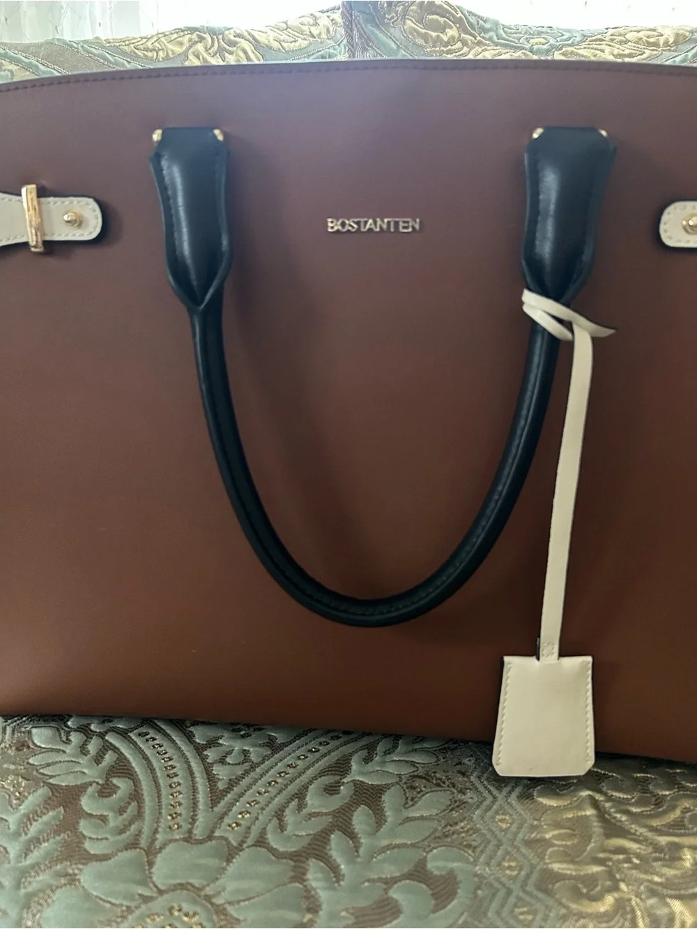 Bostanten Brown Leather Tote Bag with Black Handles without the shoulder strap
